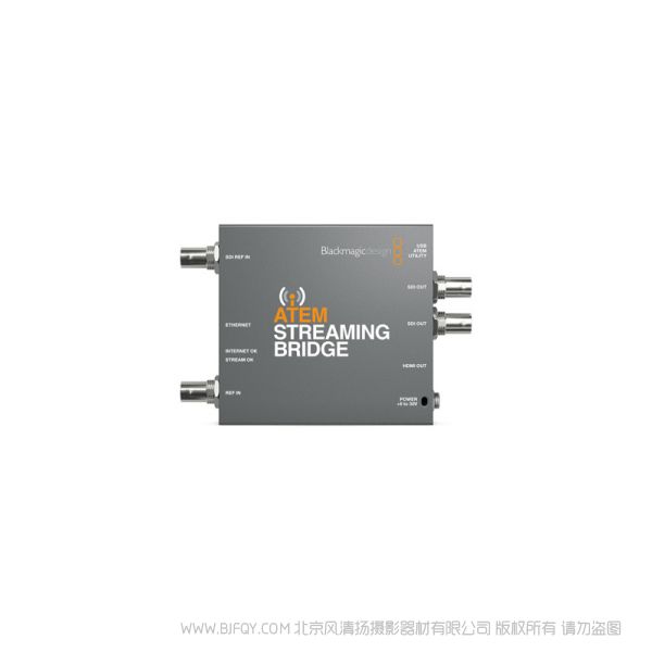 BMD ATEM Streaming Bridge 视频转换器,它可以从任何ATEM Mini Pro上接收H.264视频流并转换回SDI和HDMI视频,以便您将视频发送至本地以太网络的其他地点,或通过互联网发送至全世界