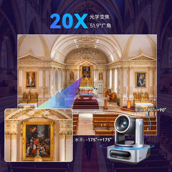 腾为 TEVO-VX20M-4k  PTZ 专业云台AI摄像机搭载了高品质CMOS传感器和新一代的AIoT 边缘 AI 芯片
